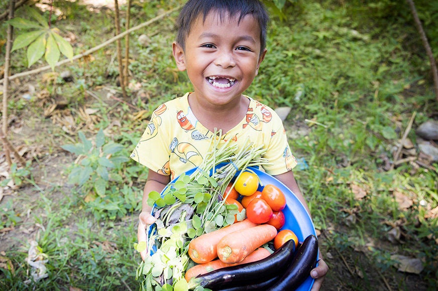 A boy holds a blue basket full of nutritious vegetables for his family to eat and sell at the market. (Philippines, 2022)