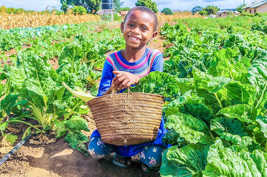 A young child in Kilifi county enjoys a fresh supply of vegetables year-round thanks to drip irrigation kits installed by World Vision. (Kenya, 2022)