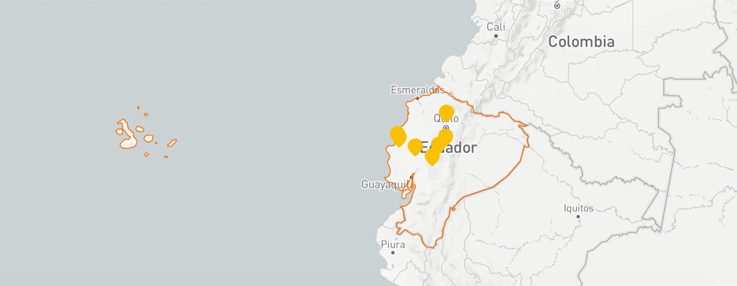 A map of Ecuador showing several locations where World Vision made an impact. 