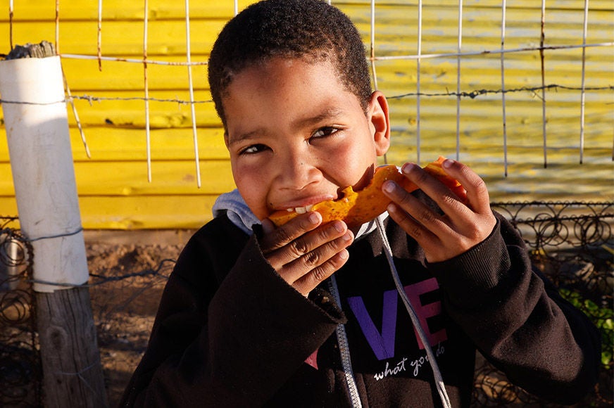 A boy is eating a fruit outside a yellow fenced house.